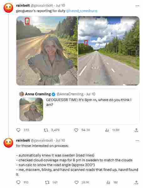 A Twitter post, which is quote-
      tweeted by Twitter user rainbolt. He's replying to someone asking him to 
      locate their position from an image, which rainbolt succeeded in by looking
      at each road in Sweden that matched the angle of the road in the picture.